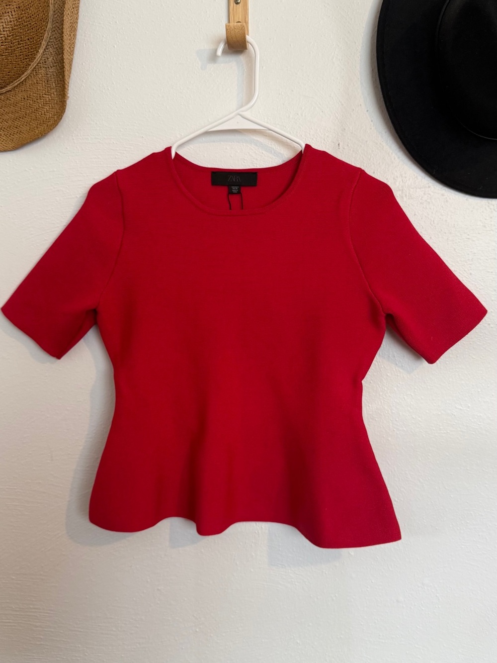 Zara Bright Red Short-Sleeve Peplum Top